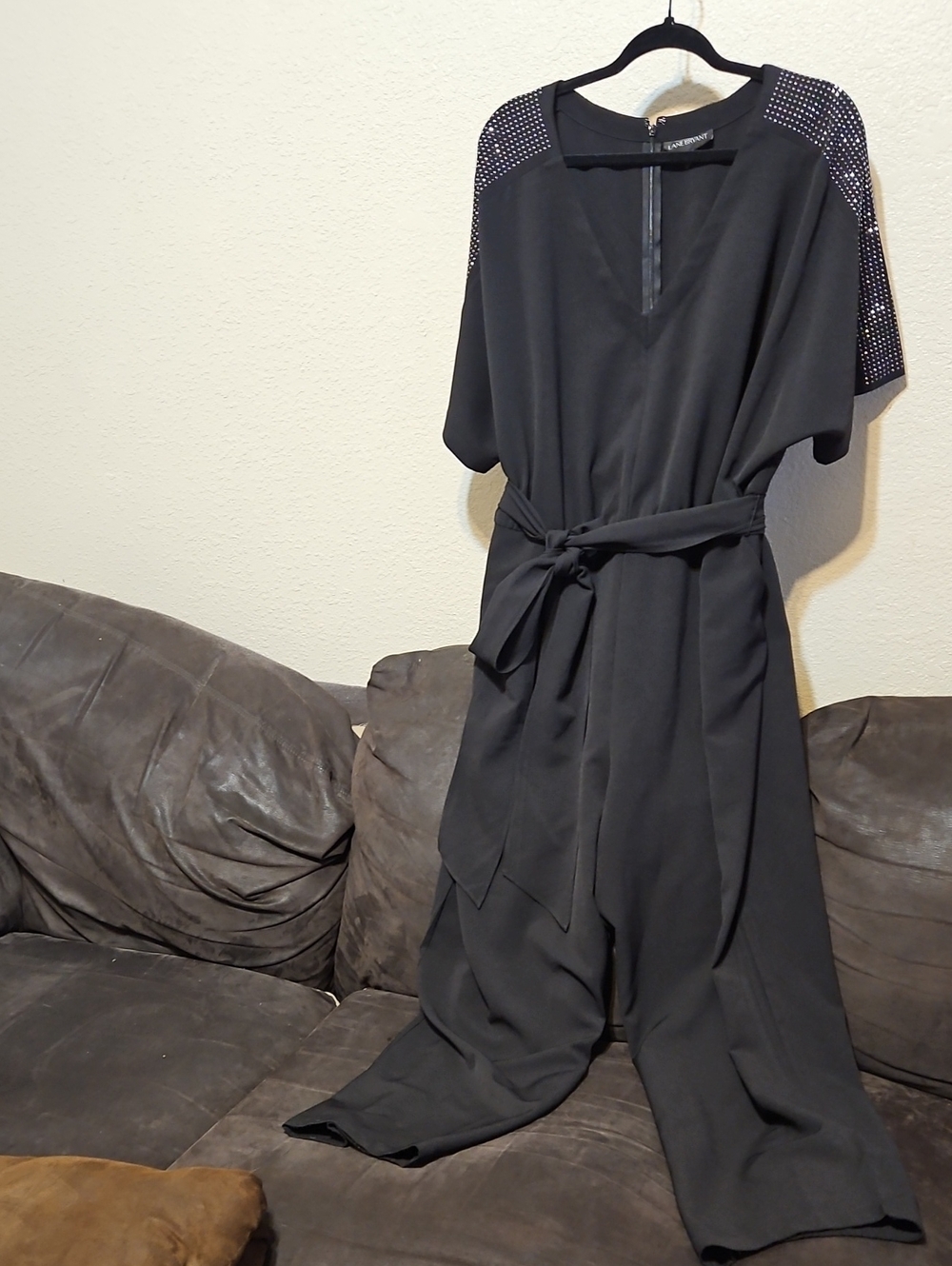 Lane Bryant Black Studded-Shoulder Tie-Waist Jumpsuit